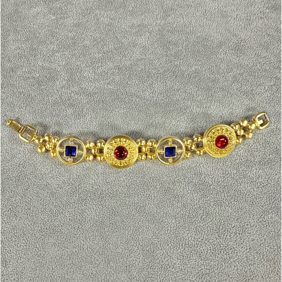 Vintage Brushed Gold Givenchy Bracelet With Red and Blue Glass Stones - Picture 1 of 7